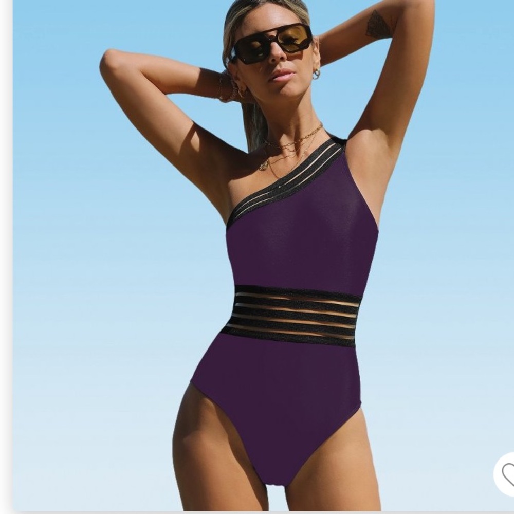 Cupshe Asymmetrical‎ One Piece, Mesh Inset, One Shoulder, Purple Black NWT